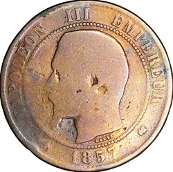 Dix centimes, tête nue, Napoléon III, 1857, Bordeaux