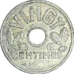 Vingt centimes Etat Français, Etat Français, 1941, coin bouché