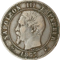 Deux centimes, tête nue, Napoléon III, 1857, grand lion, grand D, Lyon