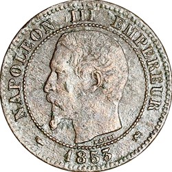 Deux centimes, tête nue, Napoléon III, 1853, grand D, Lyon