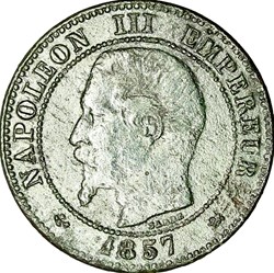 Deux centimes, tête nue, Napoléon III, 1857, petit lion, grand D, Lyon