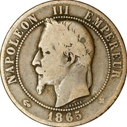 Dix centimes, tête laurée, Napoléon III, 1865, Strasbourg