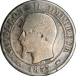 Cinq centimes, tête nue, Napoléon III, 1855, ancre, Paris