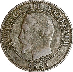 Deux centimes, tête nue, Napoléon III, 1855, chien, Marseille