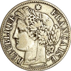 2 francs Cérès, avec légende, IIIe République, 1871, grand A, Paris