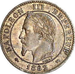 Deux centimes, tête laurée, Napoléon III, 1862, Bordeaux