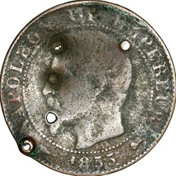 Cinq centimes, tête nue, Napoléon III, 1855, chien, Lyon
