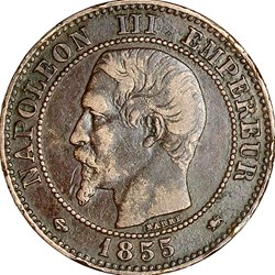 Deux centimes, tête nue, Napoléon III, 1855, ancre, petit lion, grand D, Lyon