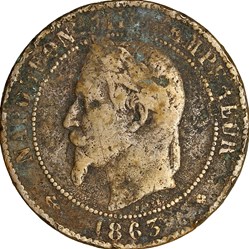 Dix centimes, tête laurée, Napoléon III, 1863, Strasbourg
