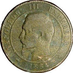 Dix centimes, tête nue, Napoléon III, 1854, Marseille