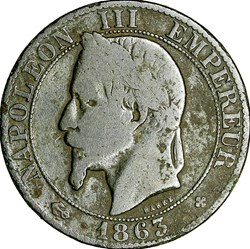 Cinq centimes, tête laurée, Napoléon III, 1863, Strasbourg