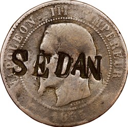 Dix centimes, tête nue, Napoléon III, 1855, ancre, Marseille, contremarque SEDAN