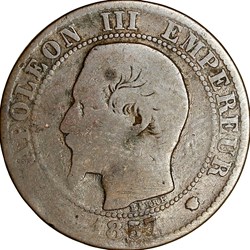 Cinq centimes, tête nue, Napoléon III, 1857, Marseille
