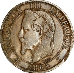 Cinq centimes, tête laurée, Napoléon III, 1864, Paris