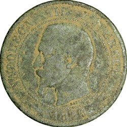 Dix centimes, tête nue, Napoléon III, 1855, chien, Paris