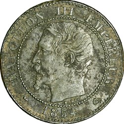 Deux centimes, tête nue, Napoléon III, 1854, Bordeaux
