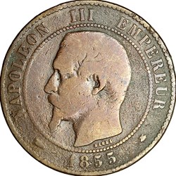 Dix centimes, tête nue, Napoléon III, 1855, chien, Strasbourg