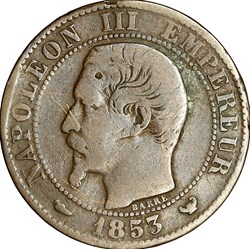 Cinq centimes, tête nue, Napoléon III, 1853, Lille