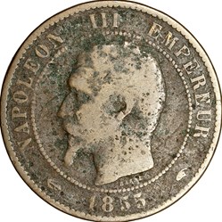 Dix centimes, tête nue, Napoléon III, 1855, ancre, Paris