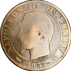 Cinq centimes, tête nue, Napoléon III, 1855, chien, Rouen