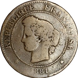 5 centimes Cérès, IIIe République, 1881, Paris