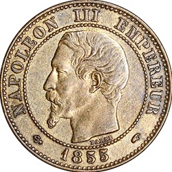 Deux centimes, tête nue, Napoléon III, 1855, ancre, Paris