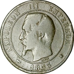 Dix centimes, tête nue, Napoléon III, 1853, feuille verticale, Bordeaux
