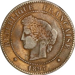 5 centimes Cérès, IIIe République, 1897, torche, Paris