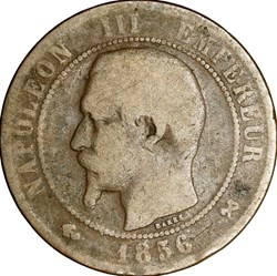 Dix centimes, tête nue, Napoléon III, 1856, Rouen