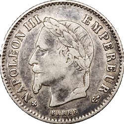 20 centimes Napoléon III, tête laurée, grand module, Napoléon III, 1868, Strasbourg