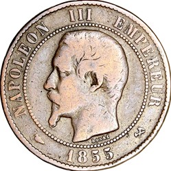 Dix centimes, tête nue, Napoléon III, 1855, chien, Rouen