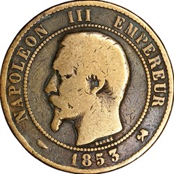 Dix centimes, tête nue, Napoléon III, 1853, Rouen