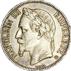 5 francs, tête laurée, Napoléon III, 1867, Strasbourg