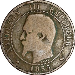 Dix centimes, tête nue, Napoléon III, 1855, chien, Lille