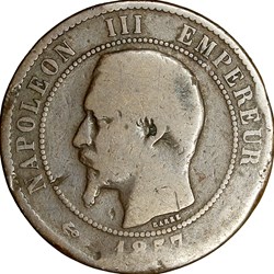 Dix centimes, tête nue, Napoléon III, 1857, Paris