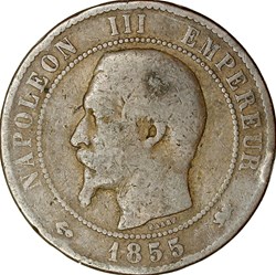 Dix centimes, tête nue, Napoléon III, 1855, ancre, Lyon