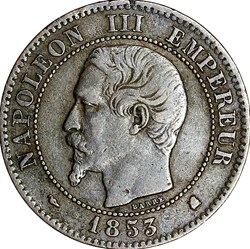 Deux centimes, tête nue, Napoléon III, 1853, Bordeaux