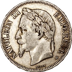 5 francs, tête laurée, Napoléon III, 1870, Strasbourg