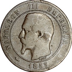 Dix centimes, tête nue, Napoléon III, 1855, chien, Bordeaux