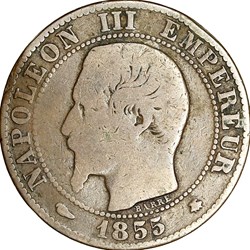 Cinq centimes, tête nue, Napoléon III, 1855, chien, Strasbourg