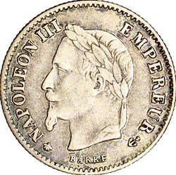 20 centimes Napoléon III, tête laurée, grand module, Napoléon III, 1868, Paris
