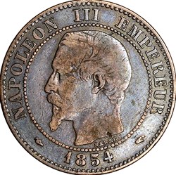 Deux centimes, tête nue, Napoléon III, 1854, Paris