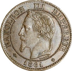 Deux centimes, tête laurée, buste définitif, Napoléon III, 1861, Strasbourg