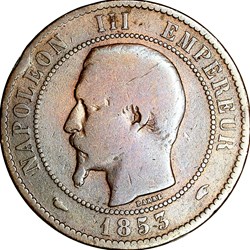 Dix centimes, tête nue, Napoléon III, 1853, Paris