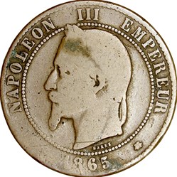 Dix centimes, tête laurée, Napoléon III, 1865, Paris