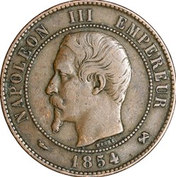 Dix centimes, tête nue, Napoléon III, 1854, Rouen