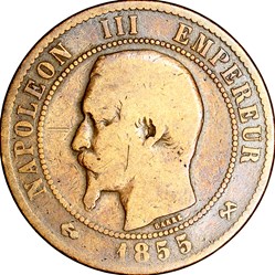 Dix centimes, tête nue, Napoléon III, 1855, ancre, Rouen