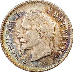 20 centimes Napoléon III, tête laurée, grand module, Napoléon III, 1867, Strasbourg