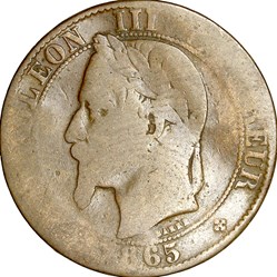 Cinq centimes, tête laurée, Napoléon III, 1865, Strasbourg