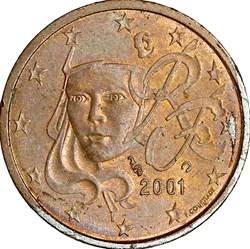 2 centimes, France, 2001, cuivrage partiel